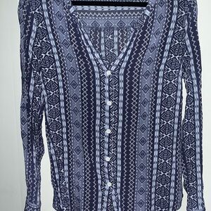 Navy Blue Boho inspired Patterned Sz small Eddie Bauer Womens v neck button down
